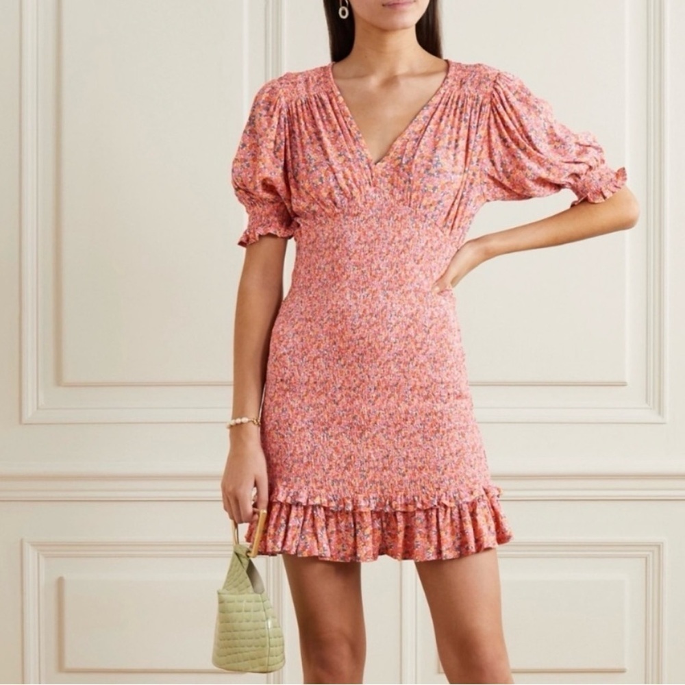 Faithfull the Brand Margherita Smocked Mini Dress V-Neck Short Sleeve Womens 2